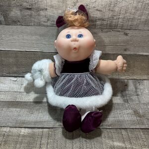 1991 Cabbage Patch Kids Doll Holiday Dress Velvet Bow Blue Eyes Vintage